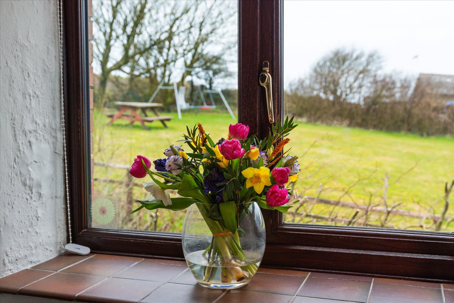Flowers in the window of the double bedroom at Polrunny Farm's Blackberry Cottage, with the farm's 'Farm Garden' and children's swings visible in the background.