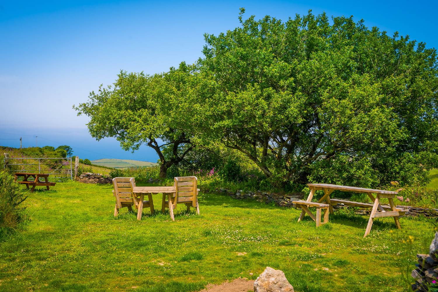 Sea view breakfast garden at Polrunny Farm holiday cottages, Cornwall