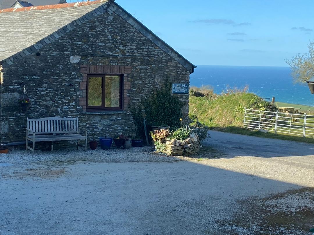 The sea view from Polrunny Farm's colourful and artistic Sloe Cottage