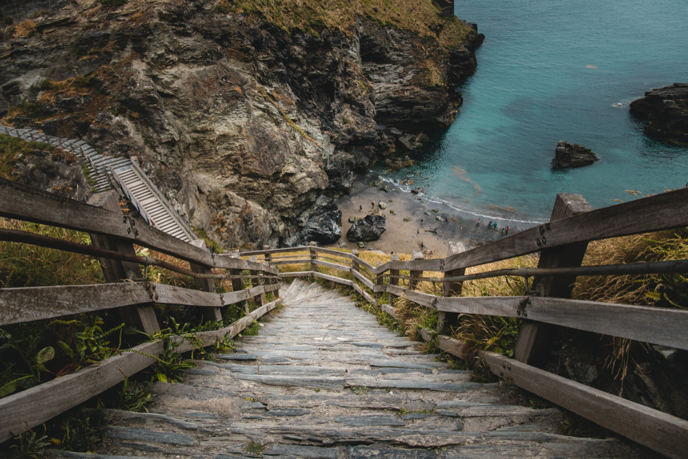 The steep staircase to the beach at Tintagel, Cornwall, a 5 mile walk from Boscastle