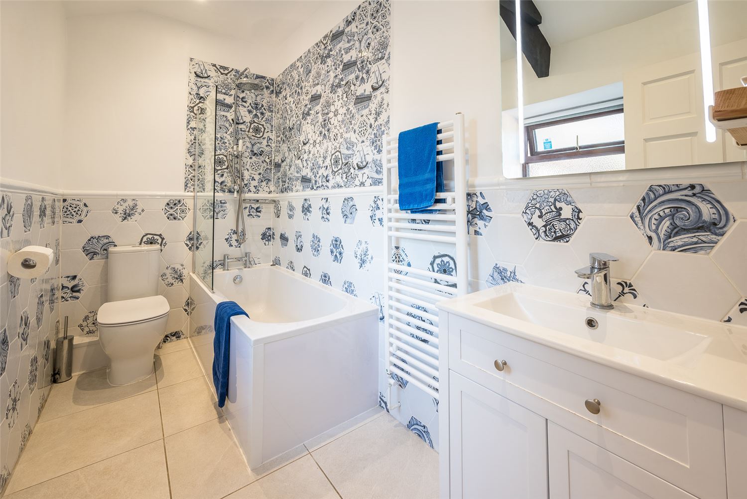 The bathroom at Polrunny Farm's sea view Elderberry holiday Cottage, Boscastle